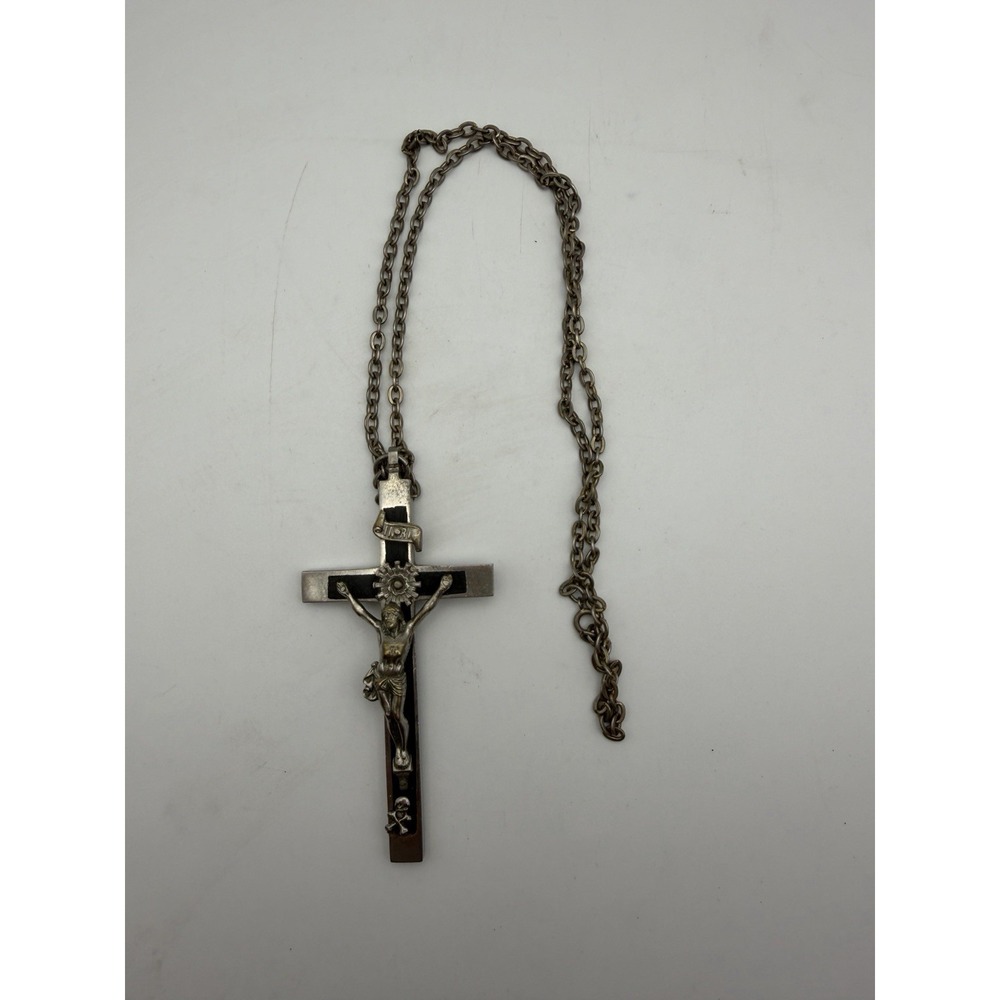 Antique French Golgotha Pectoral Crucifix Memento Mori Wood Skull Cross Chain